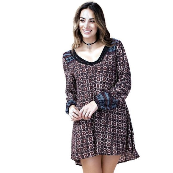 Kori America Border Print Swing Dress, Maroon - Picture 2 of 4